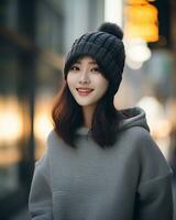 A cheerful korean girl wearing hoodie and knit hat AI Generative photo