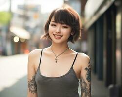 Cheerful korean girl with tattoo Smiling to camera AI Generative photo