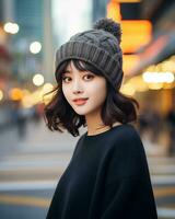 A cheerful korean girl wearing hoodie and knit hat AI Generative photo
