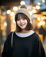 A cheerful korean girl wearing hoodie and knit hat AI Generative photo