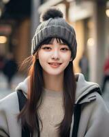 A cheerful korean girl wearing hoodie and knit hat AI Generative photo