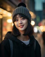 A cheerful korean girl wearing hoodie and knit hat AI Generative photo