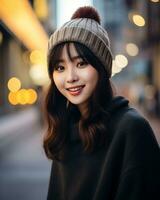 A cheerful korean girl wearing hoodie and knit hat AI Generative photo