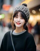 A cheerful korean girl wearing hoodie and knit hat AI Generative photo