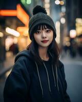 un alegre coreano niña vistiendo capucha y tejer sombrero ai generativo foto