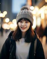 A cheerful korean girl wearing hoodie and knit hat AI Generative photo