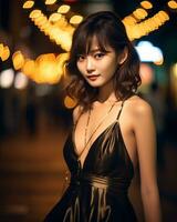 hermosa asiático niña vistiendo glamour seda vestir ai generativo foto