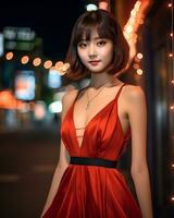 Beautiful asian girl wearing glamour silk dress AI Generative photo