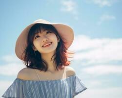 Cheerful asian girl enjoying summer AI Generative photo