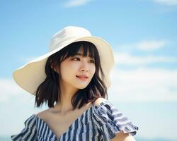 Cheerful asian girl enjoying summer AI Generative photo