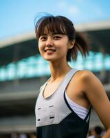 Beautiful smiling asian girl athlete in sports arena AI Generative photo