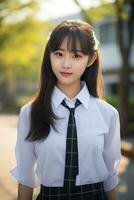 hermosa asiático colegio niña con delicado cara ai generativo foto