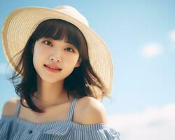 Cheerful asian girl enjoying summer AI Generative photo