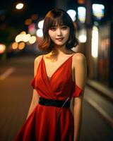 hermosa asiático niña vistiendo glamour seda vestir ai generativo foto