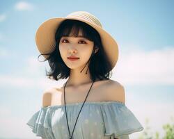 Cheerful asian girl enjoying summer AI Generative photo