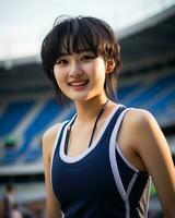 hermosa sonriente asiático niña atleta en Deportes arena ai generativo foto