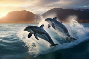 Dolphin Jumping at Sunset in the Ocean AI Generative photo