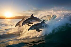 Dolphin Jumping at Sunset in the Ocean AI Generative photo