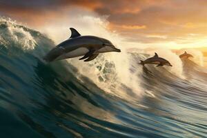 Dolphin Jumping at Sunset in the Ocean AI Generative photo