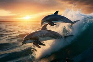 Dolphin Jumping at Sunset in the Ocean AI Generative photo