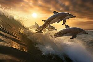 Dolphin Jumping at Sunset in the Ocean AI Generative photo