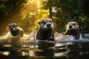 Group of playful otters swimming in the river AI Generative photo