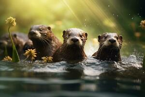 Group of playful otters swimming in the river AI Generative photo