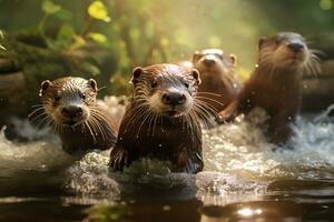 grupo de juguetón nutrias nadando en el río ai generativo foto