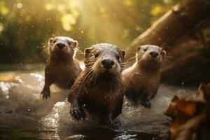 Group of playful otters swimming in the river AI Generative photo