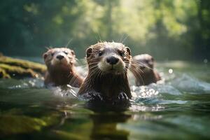 Group of playful otters swimming in the river AI Generative photo