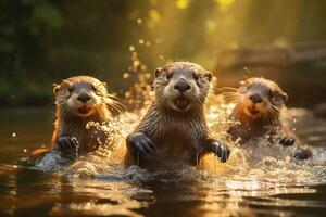 Group of playful otters swimming in the river AI Generative photo