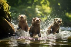 Group of playful otters swimming in the river AI Generative photo
