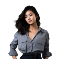 ai generativ asiatisch Modell- im beiläufig Outfit ausstrahlen ein warm Lächeln transparent Hintergrund png