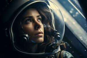 un hermosa mujer en un espacio traje mirando fuera a el astronave ventana ai generativo foto