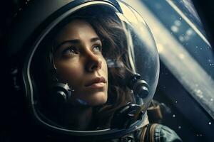 a Beautiful woman in a space suit looking out to the spaceship window AI Generative photo