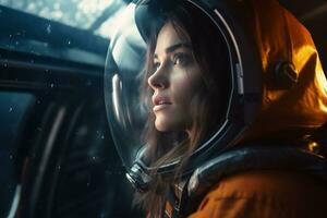 a Beautiful woman in a space suit looking out to the spaceship window AI Generative photo