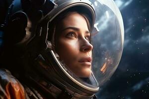 a Beautiful woman in a space suit looking out to the spaceship window AI Generative photo