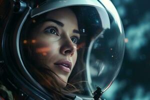 a Beautiful woman in a space suit looking out to the spaceship window AI Generative photo