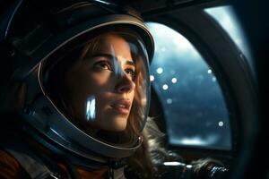a Beautiful woman in a space suit looking out to the spaceship window AI Generative photo