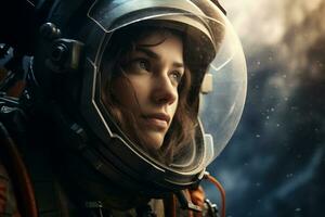 a Beautiful woman in a space suit looking out to the spaceship window AI Generative photo