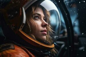 a Beautiful woman in a space suit looking out to the spaceship window AI Generative photo