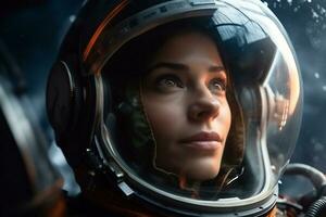 a Beautiful woman in a space suit looking out to the spaceship window AI Generative photo