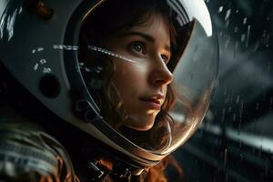 a Beautiful woman in a space suit looking out to the spaceship window AI Generative photo
