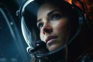 a Beautiful woman in a space suit looking out to the spaceship window AI Generative photo