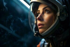 a Beautiful woman in a space suit looking out to the spaceship window AI Generative photo