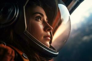 a Beautiful woman in a space suit looking out to the spaceship window AI Generative photo