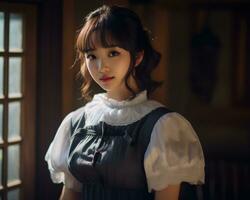 Cute asian young girl dressed in lolita maid dress AI Generative photo