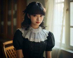 Cute asian young girl dressed in lolita maid dress AI Generative photo