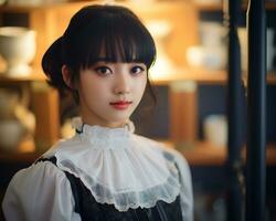 Cute asian young girl dressed in lolita maid dress AI Generative photo