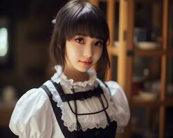 Cute asian young girl dressed in lolita maid dress AI Generative photo